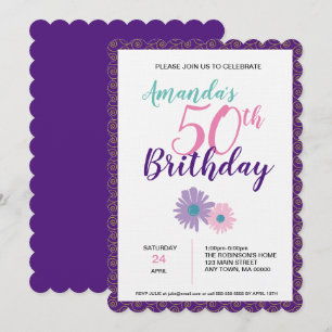 Pink & Purple Flower & Spirals Birthday Invitation