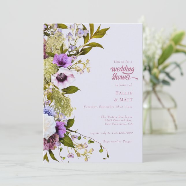 Pink Purple Flowers |  Bloom Wedding Shower Invitation (Standing Front)