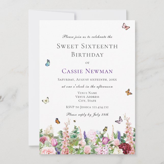 Pink Purple Flowers & Butterflies | 16th Birthday Invitation (Front)