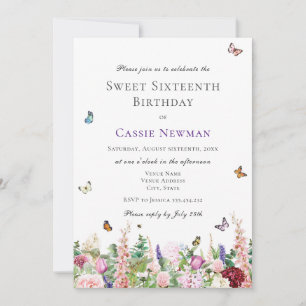 Pink Purple Flowers & Butterflies 16th Birthday Invitation