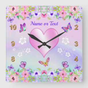Pink, Purple, Flowers, Butterflies Clock with Name
