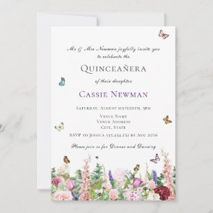 Pink Purple Flowers & Butterflies Quinceañera Invitation