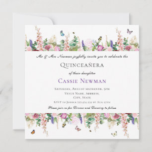 Pink Purple Flowers & Butterflies Quinceañera Invitation