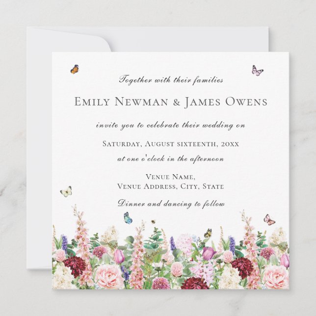 Pink Purple Flowers Butterflies | Square Wedding Invitation (Front)