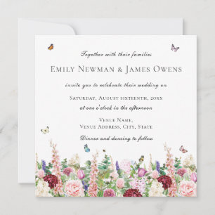 Pink Purple Flowers Butterflies   Square Wedding Invitation