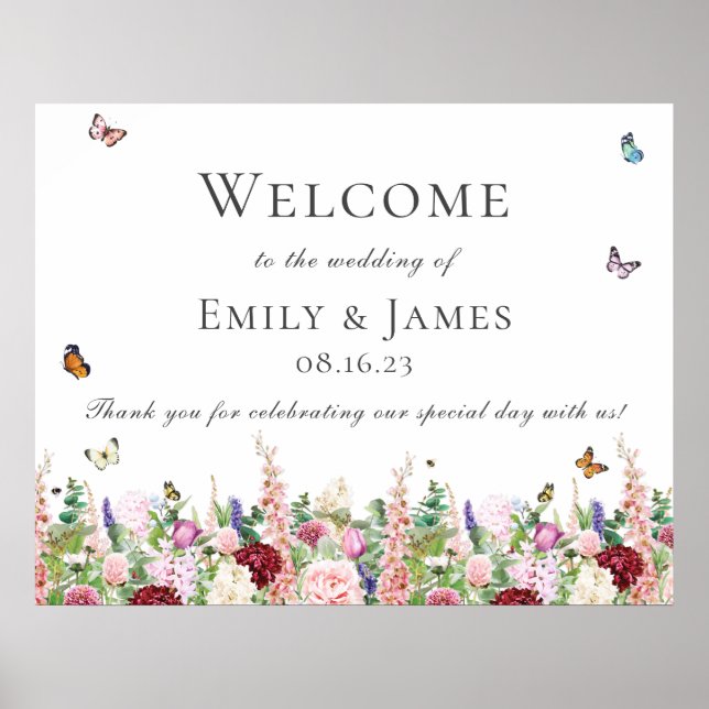 Pink Purple Flowers & Butterflies Welcome Poster (Front)