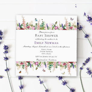 Pink Purple Flowers Butterfly Square Baby Shower Invitation