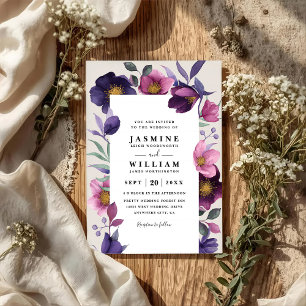 Pink Purple Flowers Elegant Modern QR Code Wedding Invitation