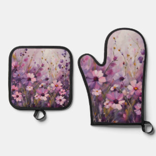 Pink Purple Flowers Floral Design Oven Mitt & Pot Holder Set