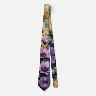 Pink purple flowers golden patchwork tie