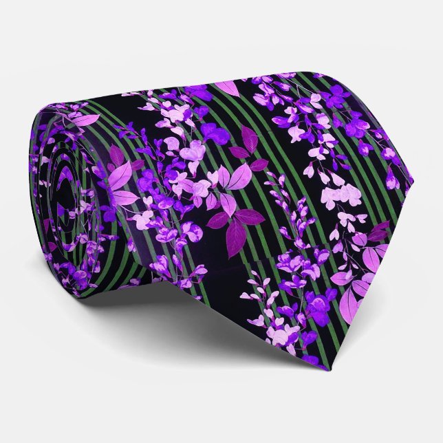PINK PURPLE FLOWERS,GREEN BLACK STRIPES Floral  Tie (Rolled)