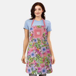 Pink Purple Flowers Green Leaves Boho Monogram Apron