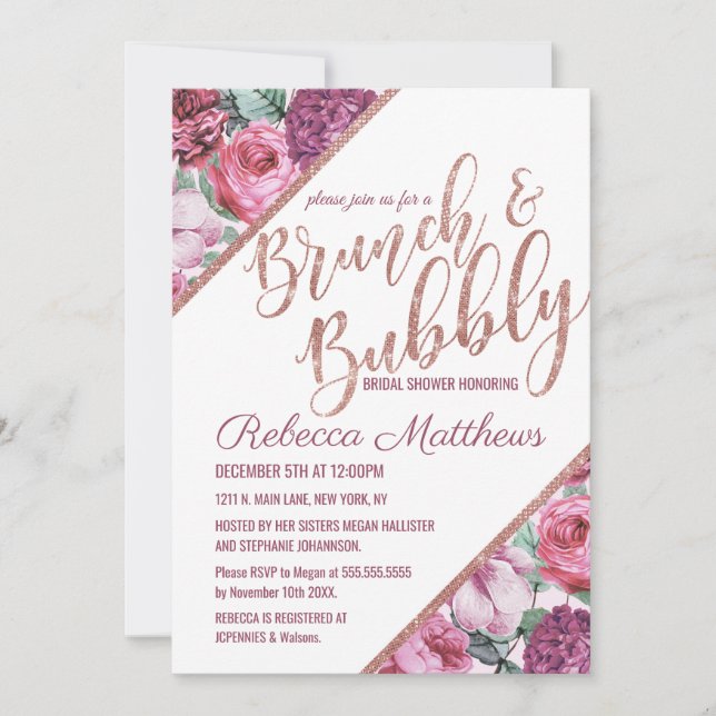 Pink Purple Flowers Rose Gold Brunch and Bubbly Invitation (Front)