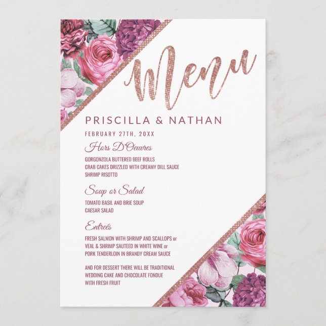 Pink Purple Flowers Rose Gold Wedding Menu (Front)