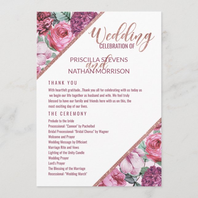 Pink Purple Flowers Rose Gold Wedding Program Programme (Front)