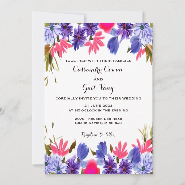 Pink Purple Flowers Wedding invitation  (Front)