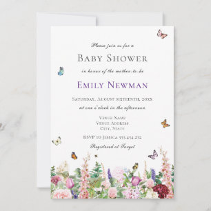 Pink Purple Flowers with Butterflies Baby Shower Invitation