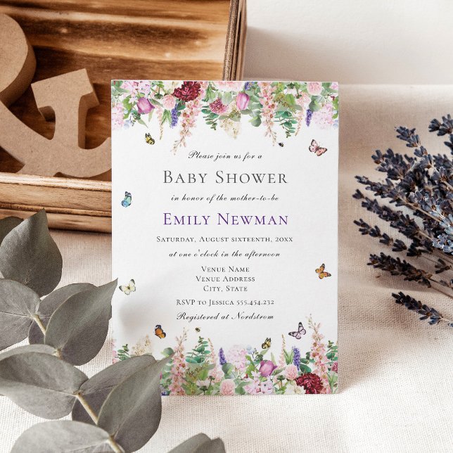 Pink Purple Flowers with Butterflies Baby Shower  Invitation (Creator Uploaded)