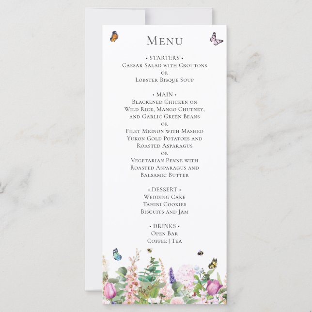 Pink Purple Flowers with Butterflies Menu Card (Front)