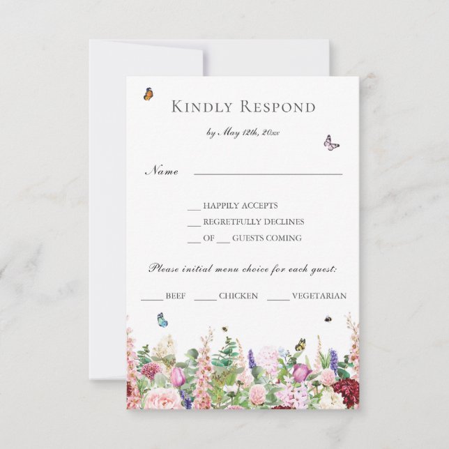 Pink Purple Flowers with Butterflies Menu RSVP (Front)