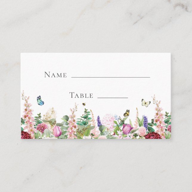 Pink Purple Flowers with Butterflies Place Card (Front)