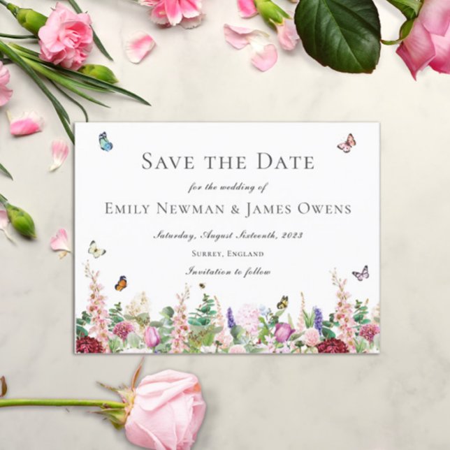 Pink Purple Flowers with Butterflies Save the Date Postcard (Creator Uploaded)