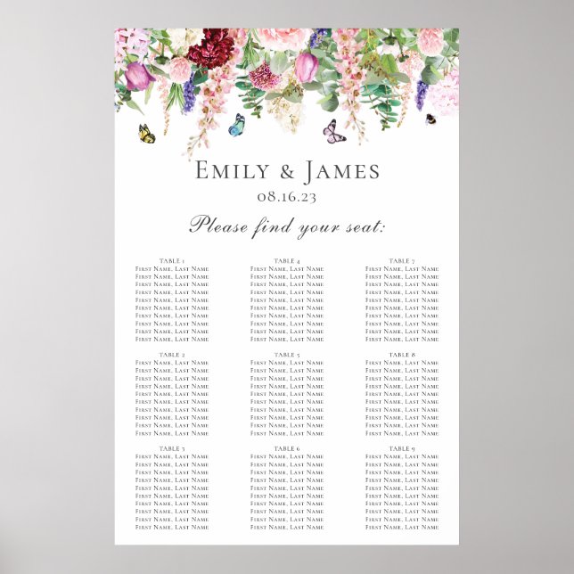 Pink Purple Flowers with Butterflies Seating Chart (Front)