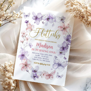Pink Purple Flutterby Floral Butterfly Birthday Invitation