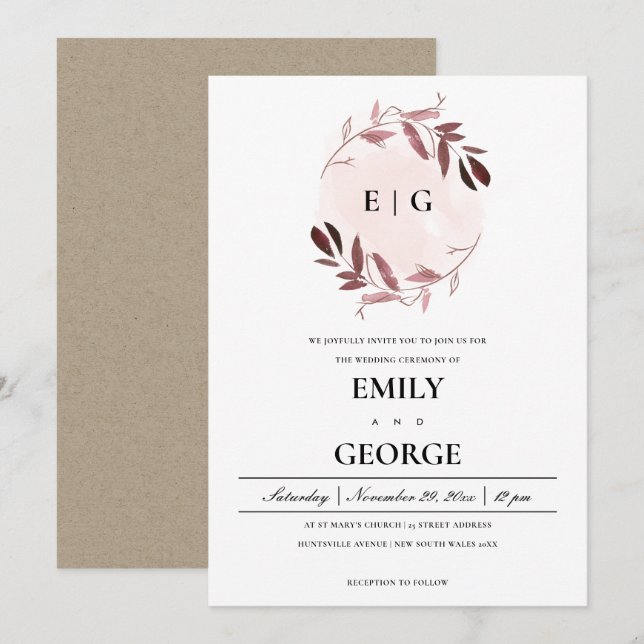 PINK PURPLE FOLIAGE WATERCOLOR WASH WREATH WEDDING INVITATION (Front/Back)