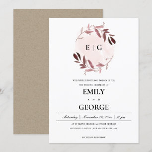 PINK PURPLE FOLIAGE WATERCOLOR WASH WREATH WEDDING INVITATION