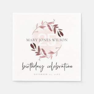 PINK PURPLE FOLIAGE WREATH ANY AGE 25TH  BIRTHDAY NAPKIN
