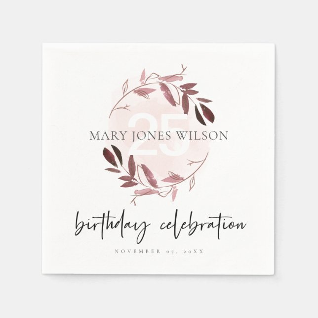 PINK PURPLE FOLIAGE WREATH ANY AGE 25TH  BIRTHDAY NAPKIN (Front)