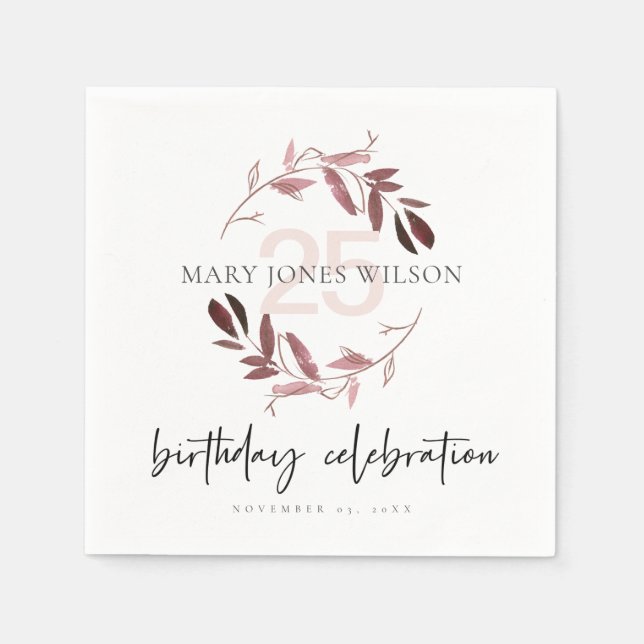 PINK PURPLE FOLIAGE WREATH ANY AGE 25TH  BIRTHDAY NAPKIN (Front)