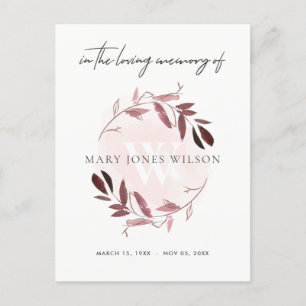 PINK PURPLE FOLIAGE WREATH MEMORIAL THANK YOU INVITATION POSTCARD