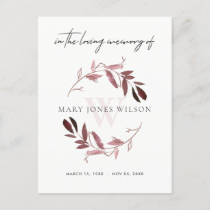 PINK PURPLE FOLIAGE WREATH MEMORIAL THANK YOU INVITATION POSTCARD
