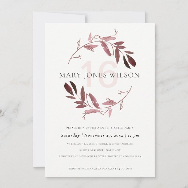 PINK PURPLE FOLIAGE WREATH SWEET 16 BIRTHDAY CARD (Front)