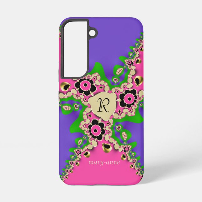Pink Purple Fractals Monogram Samsung Galaxy S22 Case (Back)