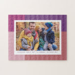 Pink purple fun colourful personalised photo jigsaw puzzle<br><div class="desc">A fun and colourful stripe pattern in shades of pink and purple surrounds a single horizontal photo with custom text. This photo gift is perfect for all ages - from kids to grandparents to commemorate a fun photo or event.</div>