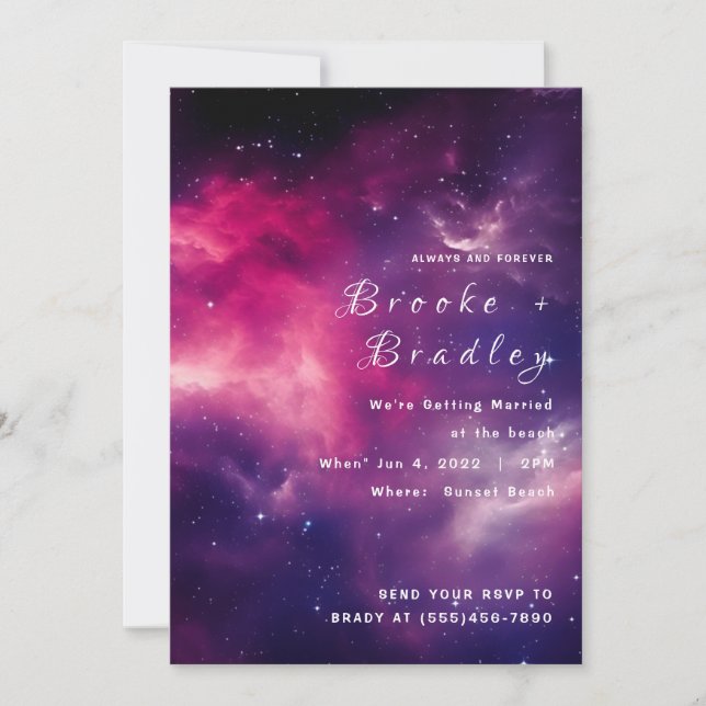 Pink Purple Galaxy Beach Wedding Invitation (Front)