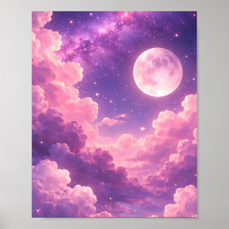 Pink Purple Galaxy Moon Aesthetic Poster 8x10