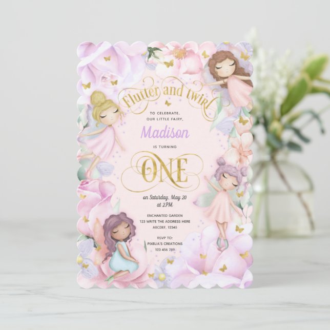 Pink Purple Garden Fairy, Enchanted forest Invitat Invitation (Standing Front)