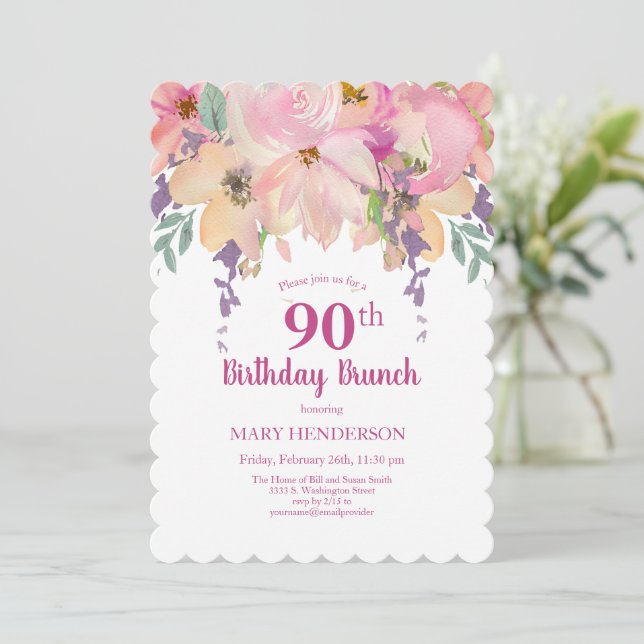 Pink Purple Garden Floral 90th Birthday Brunch Invitation (Standing Front)