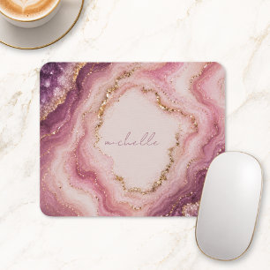 Pink Purple Geode Marble Gold Personalised Name Mouse Mat