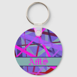 Pink & Purple Geometric Lines Pattern Monogram Key Ring