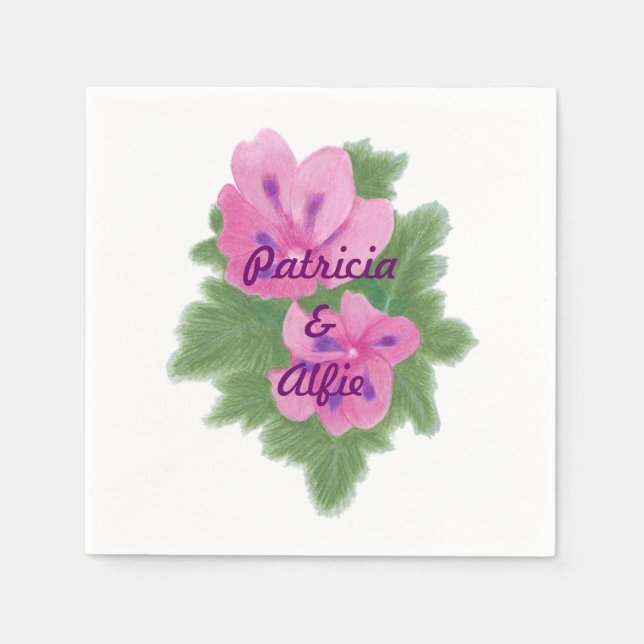 Pink Purple Geraniums Personalised Wedding Napkins (Front)