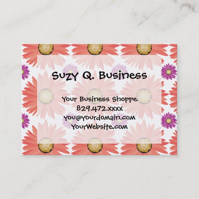 Pink Purple Gerber Daisy Flowers Floral Pattern Business Card (Front)