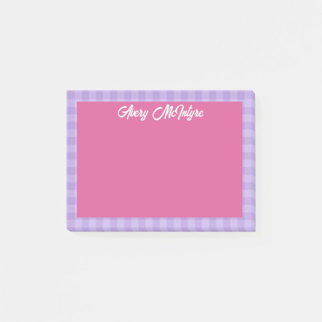 Pink Purple Gingham Border Name In Cool Script Post-it Notes (Front)