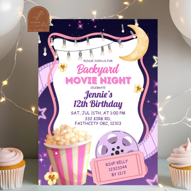 Pink Purple Girl Backyard Movie Night Birthday Invitation (Creator Uploaded)