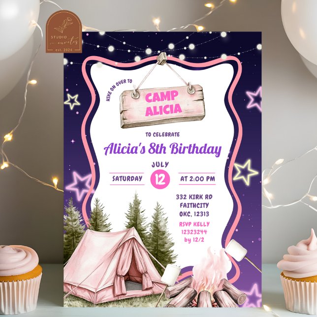 Pink Purple Girl Camping Birthday  Invitation (Creator Uploaded)