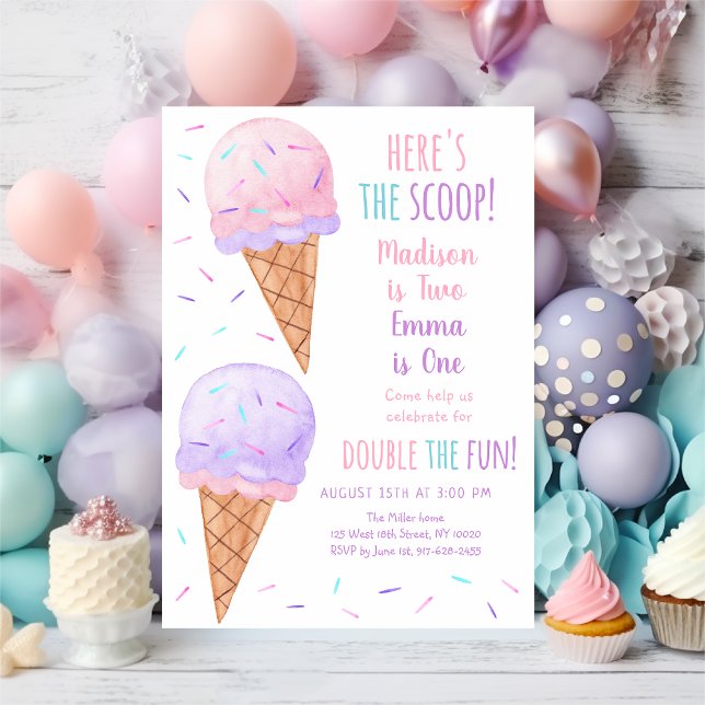 Pink Purple Girl Ice Cream Joint Birthday Invitation (Creator Uploaded)